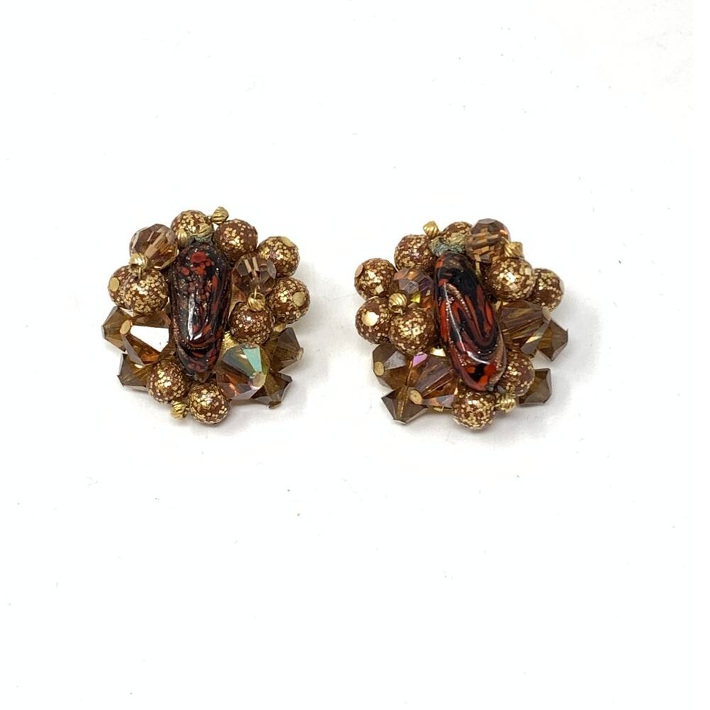 Vintage Clip On Earrings Beaded With Center Stones Gold Flecked